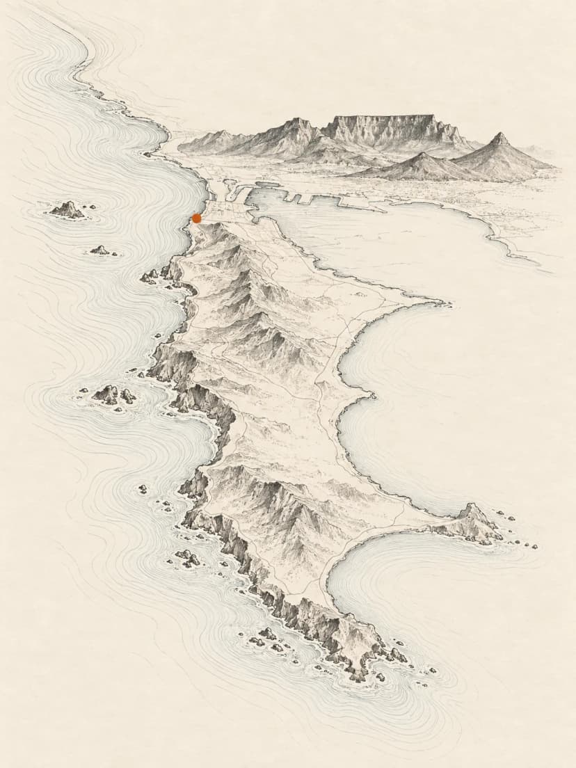 Hand-drawn map of the Cape Peninsula with Bantry Bay marked